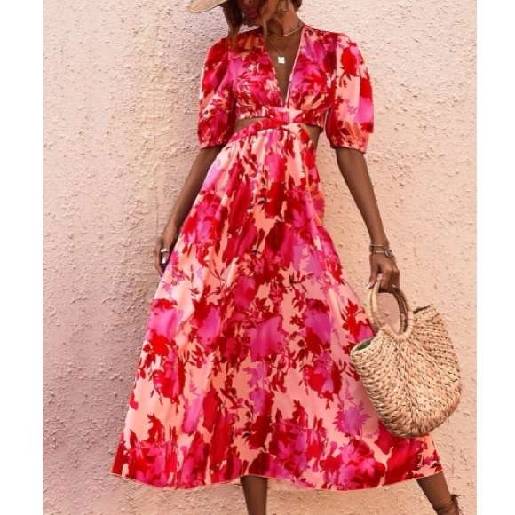 Boho red floral print cutout maxi dress - Picture 5 of 8